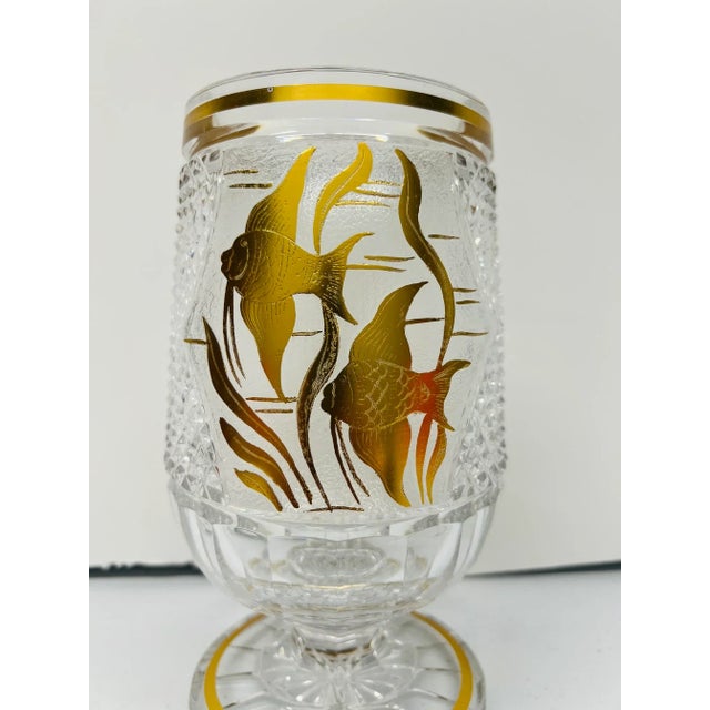 Gold Antique Moser Crystal Cut Glass Engraved "Swimming Fish" Gold Vase For Sale - Image 8 of 10