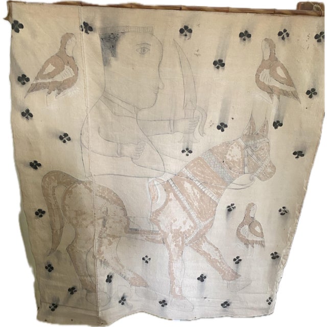 Indian Vintage Indian Hand-Painted Cotton Wall Hanging With Horseman Motif, 44” For Sale - Image 3 of 10