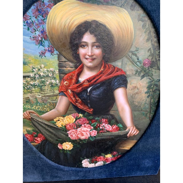 Vintage Original Oil Painting Romantic Flower Girl With Roses, Oval Presentation in Custom Fabric Mount For Sale - Image 6 of 9