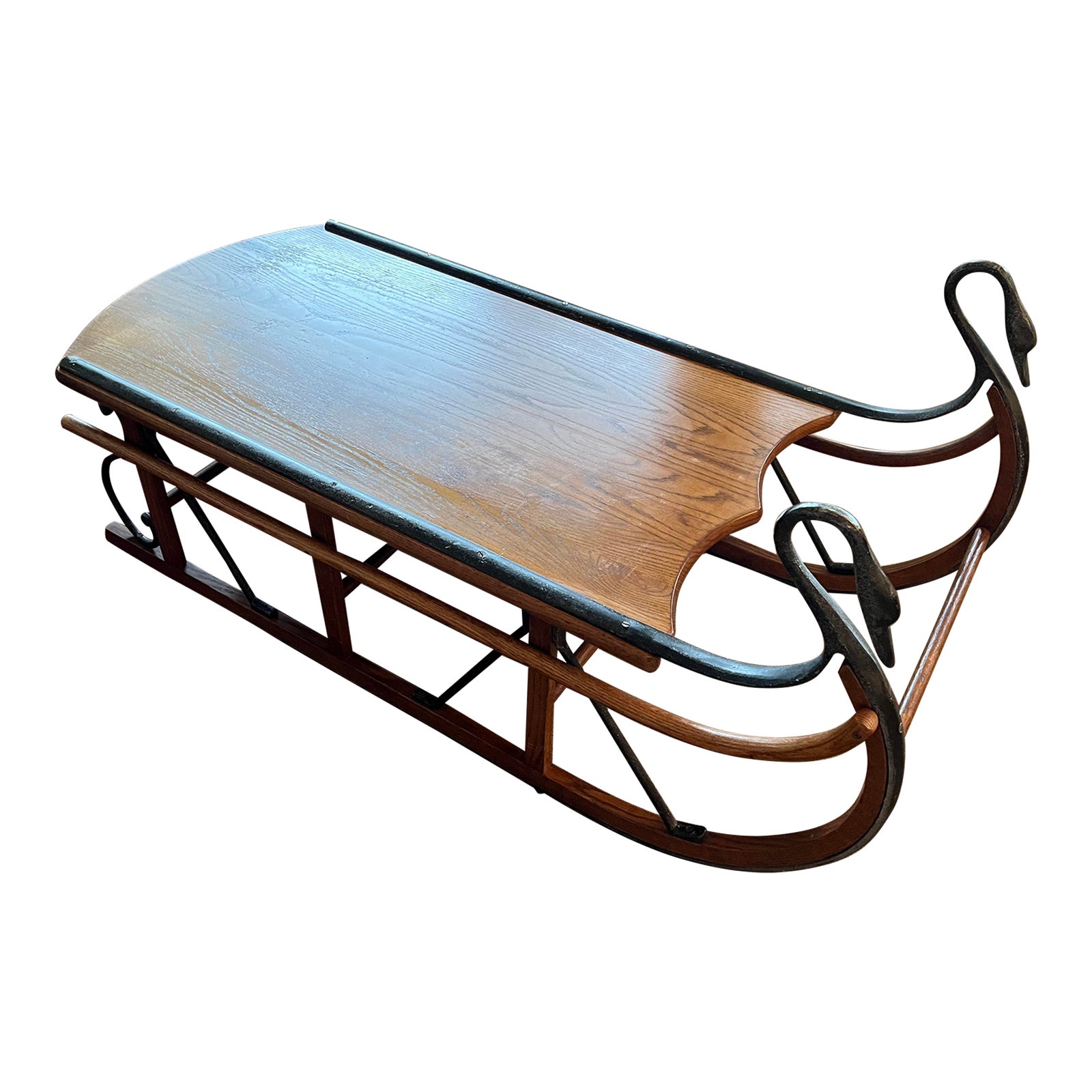 1990s Vintage Tell City Chair Co. Sleigh Sled Cast Iron Swan Heads Oak