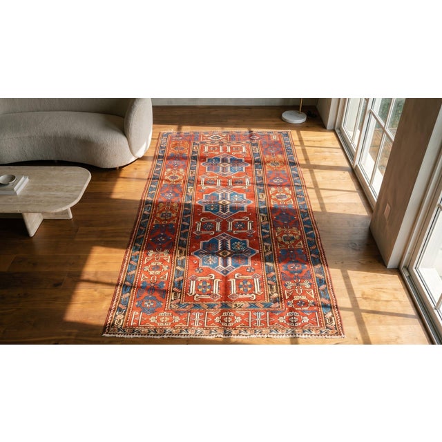 Textile 1900s Red Geometric Medallion Antique Caucasian Shirvan Rug 4'0" X 6'8" Knotted Wool Carpet For Sale - Image 7 of 9