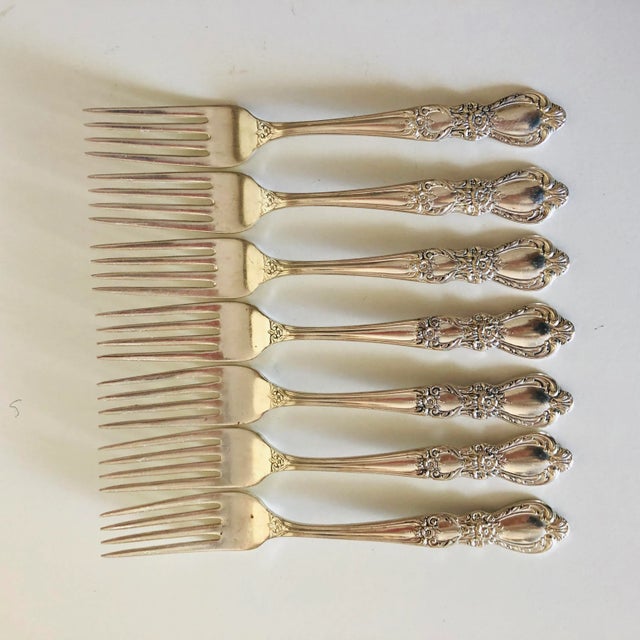 1950's Vintage silver plate set of 7 dinner forks 7.5"L , makers mark reads " 1847 Rogers Bros. IS Heritage " Excellent...