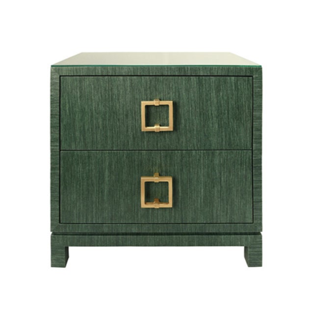 Matthew Izzo Home Cole Green Dyed Grasscloth Two Drawer Side Table/Nightstand With Glass Top and Large Square Brass Handle For Sale - Image 11 of 11