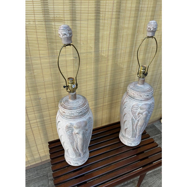 1990s A Pair of Large 1990s Coastal / Bohemian Style Elephant Table Lamps by Pacific Coast Lamps. For Sale - Image 5 of 18