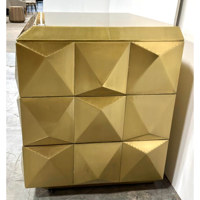 Modern Baker Modern Geometric Brass Foil Facet Chest of Drawers as Is For Sale - Image 3 of 7