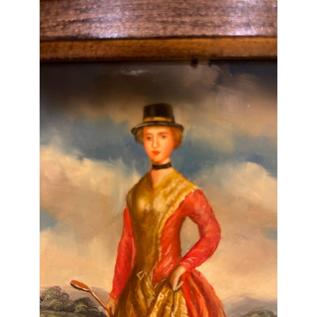 Wood Late 20th Century Lady Golfing: Gold Framed Oil on Wood Painting For Sale - Image 7 of 9