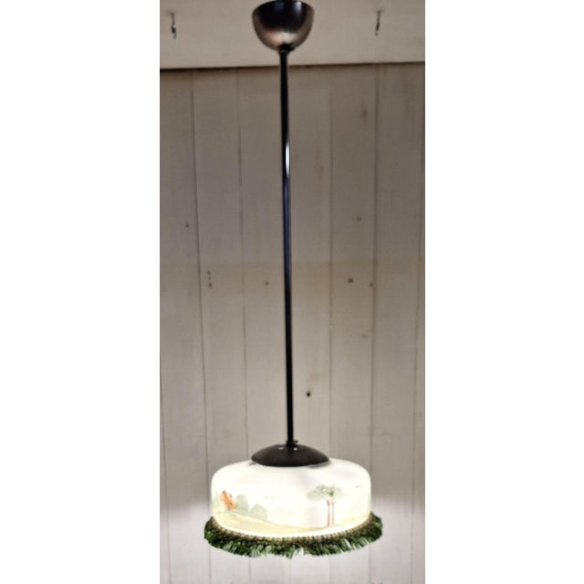 German Hanging Lamp with Hand-Painted Glass Shade, 1920s For Sale - Image 9 of 9
