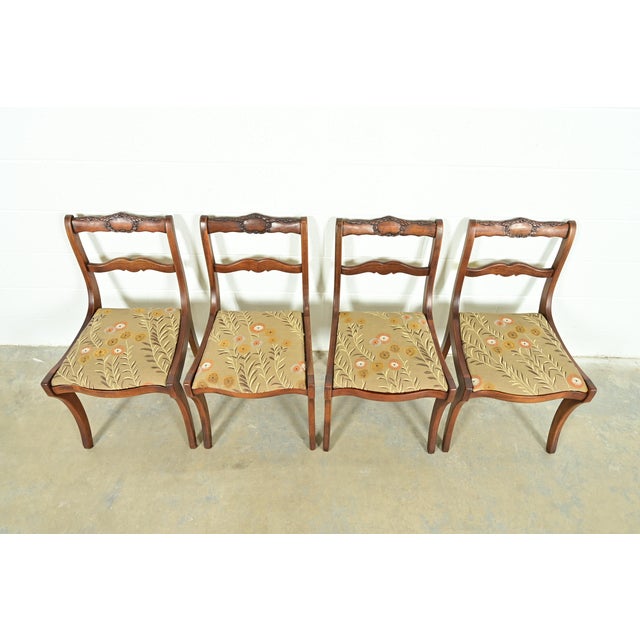 1940s Kindel Furniture Style Regency Carved Solid Mahogany Dining Chairs, Set of Four For Sale - Image 5 of 13