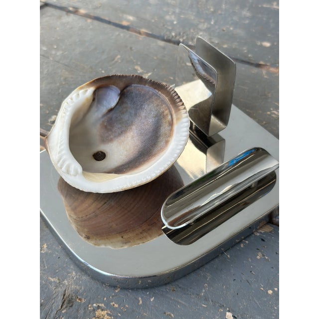 Rare Vintage Art Deco Mounted Natural Clam Shell + Chrome Cigar Tray, Circa 1930s For Sale In New York - Image 6 of 16
