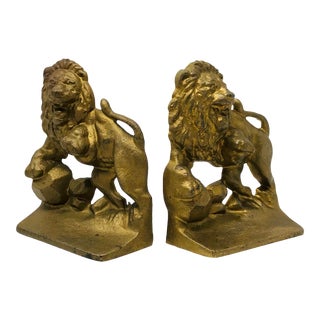 1930's Gold/Bronze Gilt Cast Iron Lion Bookends For Sale