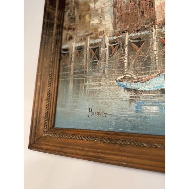 Vintage Coastal Harbor Oil Painting – Wood Frame For Sale - Image 4 of 5