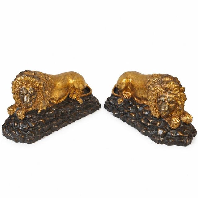 French School Artist, Reclining Lions, Gilded Bronze, Set of 2 For Sale - Image 9 of 9