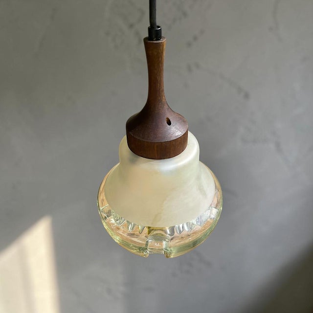 Small Mid-Century Modern Hanging Light in Art Glass and Turned Teak, 1960s For Sale - Image 4 of 9