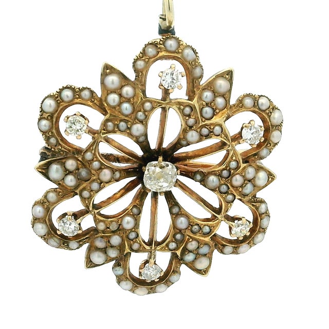 Late 19th Century Victorian 14k Gold Diamond and Seed Pearl Convertible Pendant Brooch For Sale - Image 11 of 17