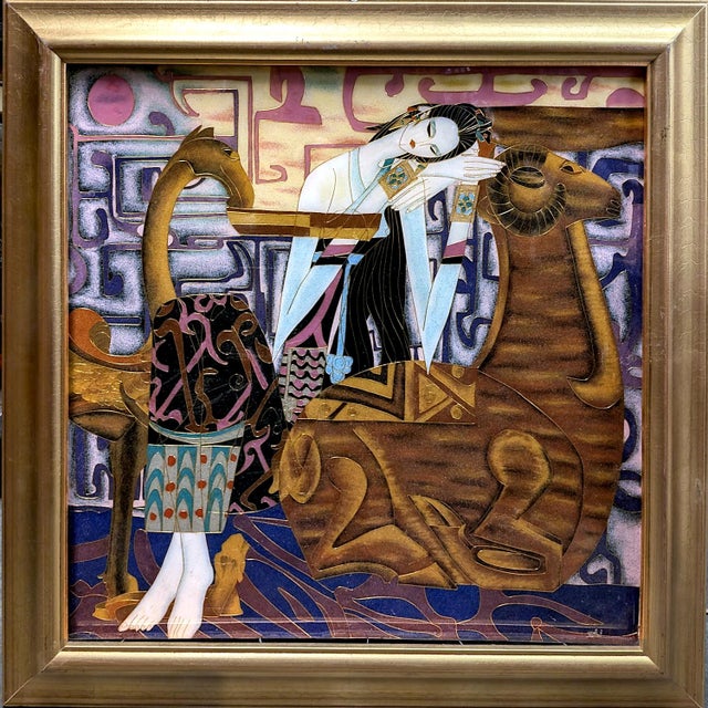 Set of 4 Vintage Vietnamese Lacquer Enamel Cloisonne Sơn Mài Paintings in the Style of Ting Shao Kuang For Sale - Image 12 of 15