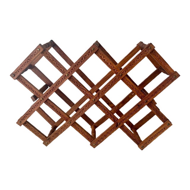 Vintage Hand Carved Folding Wood Wine Rack For Sale