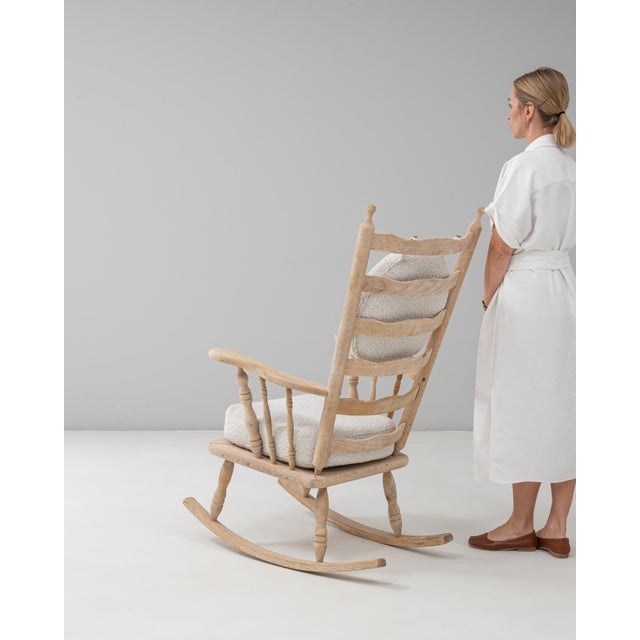 20th Century French Spindle-Back Oak Rocking Chair with Bouclé Cushions For Sale - Image 4 of 18