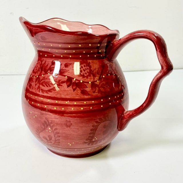 1990s Boho Chic Farmhouse Scalloped Handle Hand Painted Ceramic Pitcher. For Sale - Image 9 of 14