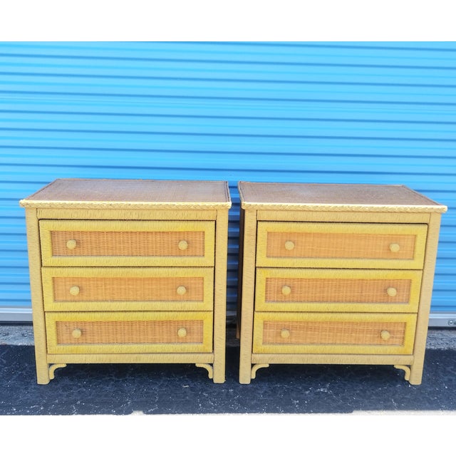 1970s Vintage Henry Link Oversized 3 Drawer Solid Wood Wicker Pale