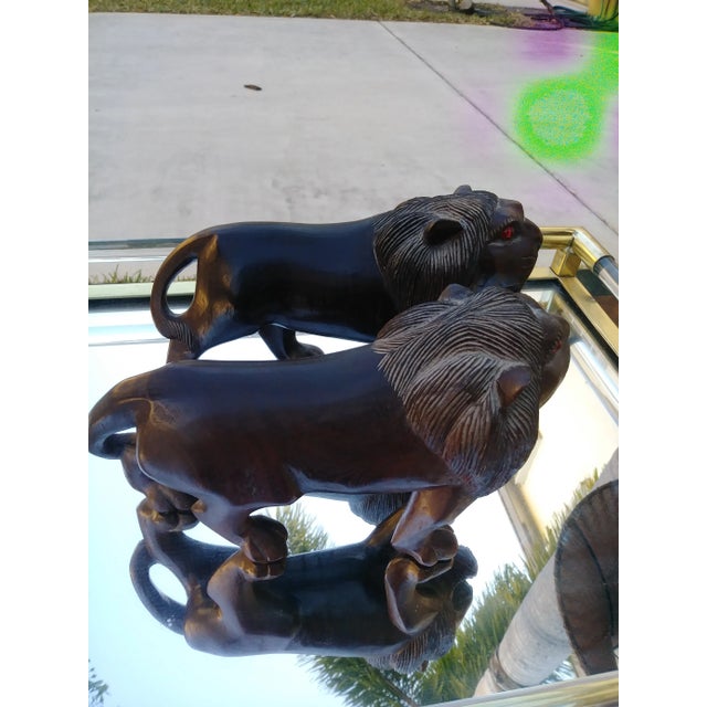 English Carved Solid Wood Lion Figurine Statues - a Pair For Sale - Image 3 of 10