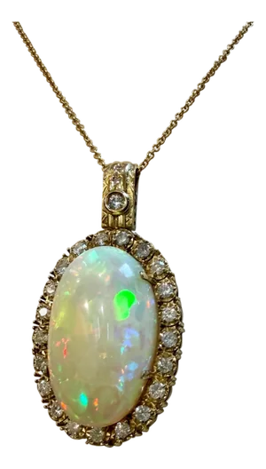 36 Ct Oval Ethiopian Opal & 2.5 Ct Diamond Pendant 14 Karat Yellow Gold Necklace