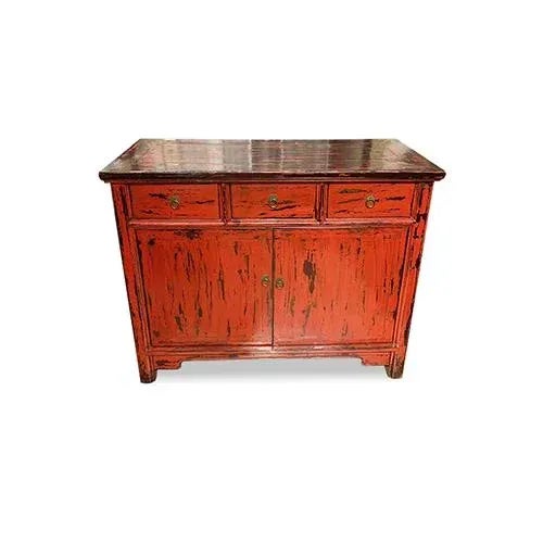 Asian Distressed Red antique cabinet is made out of elm wood. It has 3 drawers, 2 doors and 1 removable shelf. It is good...