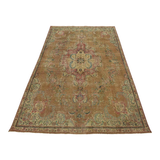 Tabriz Rug 7’7” X 10’7” Brown Wool Vintage Distressed Hand-Knotted Carpet For Sale