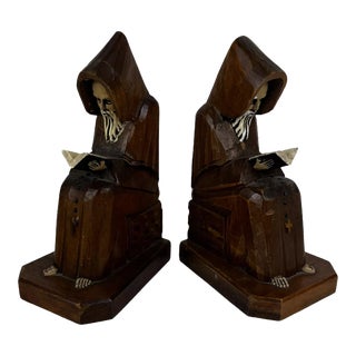 Vintage Wooden Carved Monk Reading Book Bookends-Pair For Sale