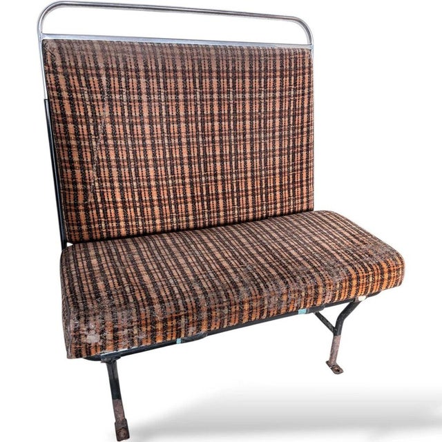 Metal Vintage Industrial Bench with Orange Check Upholstery and Chrome Rail For Sale - Image 7 of 9