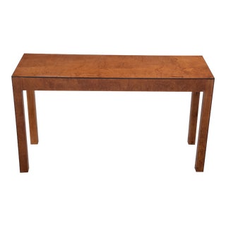 Italian Burl Patchwork Parsons Console Hall Sofa Table Gimbel Brothers New York Made in Italy For Sale