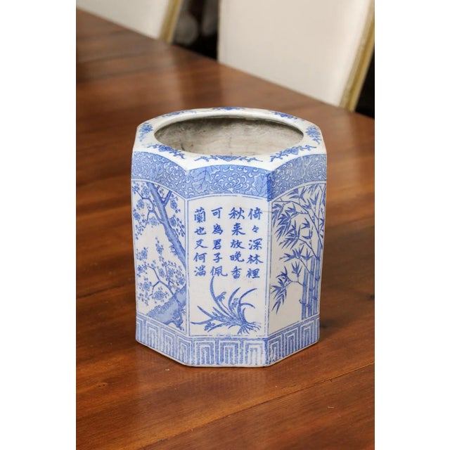 Vintage Chinese Blue & White Hexagonal Porcelain Vase with Hand-Painted Foliage Décor For Sale - Image 9 of 13
