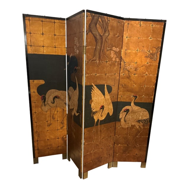 Four Panel Crane Asian Screen For Sale