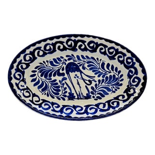 Mid 20th Century Anfora Mexico Blue and White Hand‑Painted Talavera‑Style Oval Platter For Sale