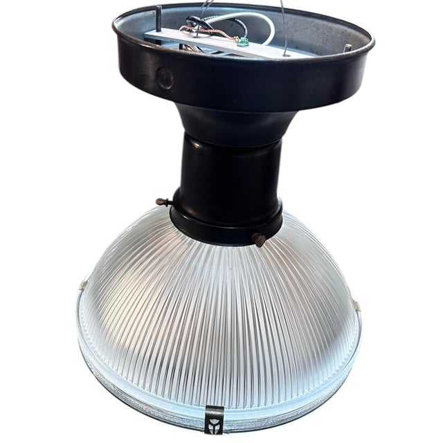 Metal Holophane 4 Clip Flush Mount Fixture With Diffuser on Original Black Painted Brass Fixture, Circa 1930 For Sale - Image 7 of 7