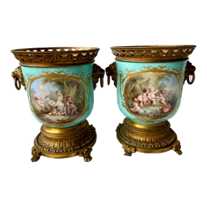 Early 20th Century Sevres Style Hand Painted Cherub Ceramic Gilt Metal Cache Pot a Pair