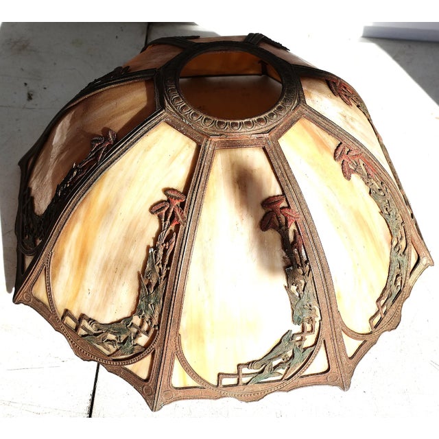 Art Nouveau Antique Art Nouveau Slag Glass Table Lamp With 8-Panel Curved Umbrella Shade For Sale - Image 3 of 8