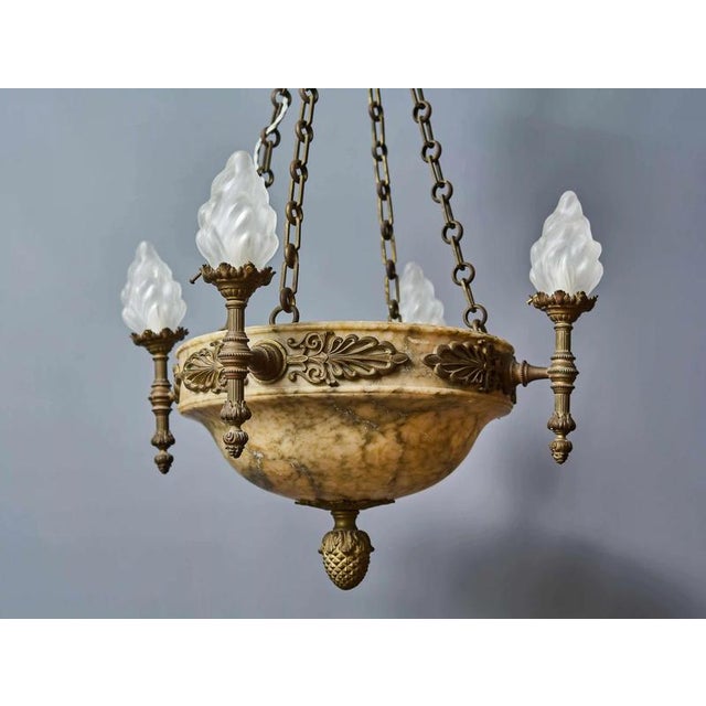 Representative Bronze Chandelier with Alabaster Bowl and Flamed Shades For Sale - Image 3 of 11