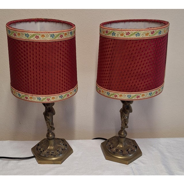 Vintage Table Lamps with Figurative Brass Base and Handmade Fabric Shade, 1960s, Set of 2 For Sale - Image 4 of 12