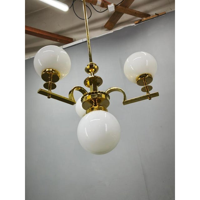 Metal Vintage Art Deco Brass and Opaline Glass Globe Chandelier, Czechoslovakia, 1930s For Sale - Image 7 of 12
