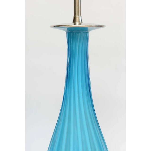 Mid-Century Modern Vintage Murano Marbro Lamp Co. Turquoise Caribbean Sky Blue Ribbed Glass, Nickel Silver and Wood Lamps Pair Of For Sale - Image 3 of 10