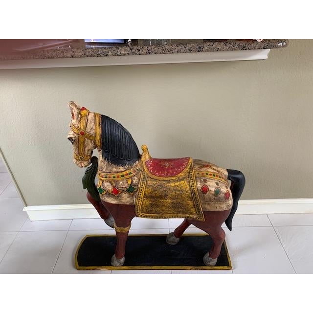 Folk Art Vintage Hand Carved Wooden Carousel Style Horse For Sale - Image 3 of 9