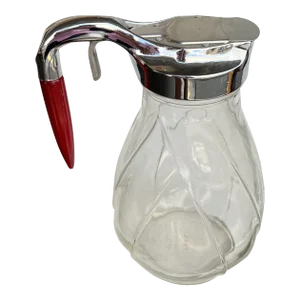Vintage Large Glass Syrup Pitcher Red Bakelite Handle