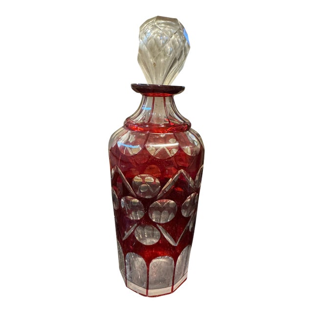 Vintage Bohemian Cranberry Etched Glass Decanter With Matching Tie Number 8 Stopper, Mid-Century Czech Crystal For Sale