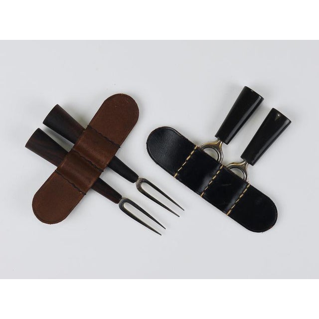 Brass Corn Cob Skewers with Leather Holder attributed to Carl Auböck, Vienna, Austria, 1930s, Set of 2 For Sale - Image 3 of 10
