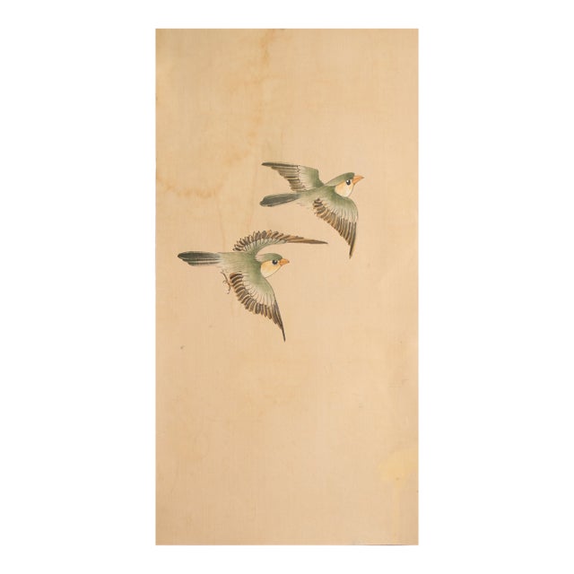 C. 1950s Vintage Chinese Watercolor Scroll Painting "Two Birds" on Silk For Sale