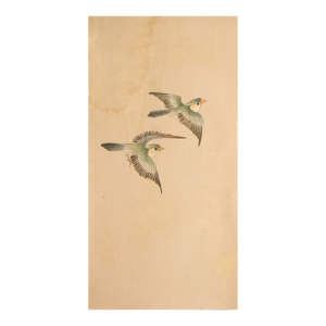 C. 1950s Vintage Chinese Watercolor Scroll Painting "Two Birds" on Silk