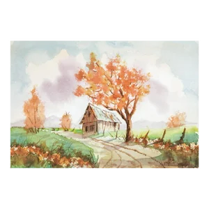 Contemporary Rustic Autumn Farmhouse Landscape Watercolor Painting