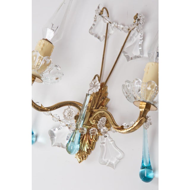 French Brass Wall Sconces with Blue Glass Drops, 1950s, Set of 2 For Sale - Image 4 of 7