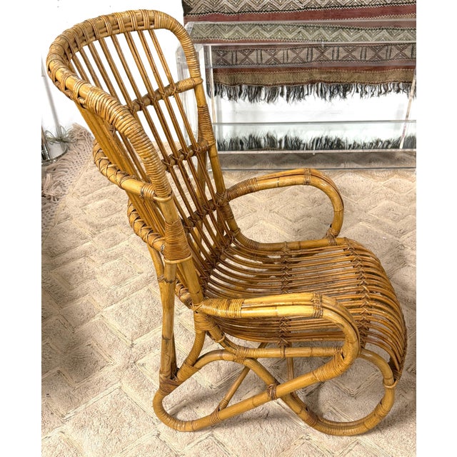 Wood Pair of Italian Mid-Century Rattan High-Back Lounge Chairs, Style Franco Albini For Sale - Image 7 of 11