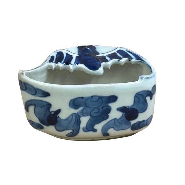 1990s Tiny Small Blue White Oriental Bats Graphic Porcelain Container For Sale - Image 5 of 10